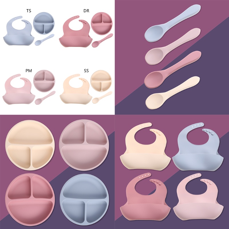 Bộ 3 Món Tô / Muỗng / Đĩa Bằng Silicone Cấp Thực Phẩm Có Giác Hút Cho Bé
