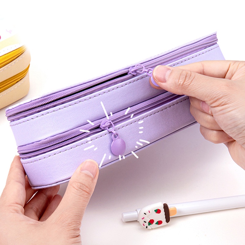 Túi Đựng Bút Bằng Da PU Hai Lớp Chống Nước Sức Chứa Lớn Họa Tiết Hoạt Hình Dễ Thương Cho Học Sinh