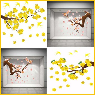 Decal trang trí tết Hoa mai Hoa đào trang trí tết - Giấy dán tường cao cấp dán được cả trên tường và kính (HN)