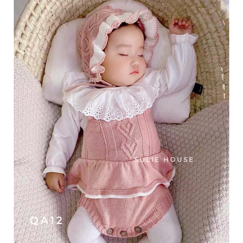 Set body váy len kèm mũ hồng QA12