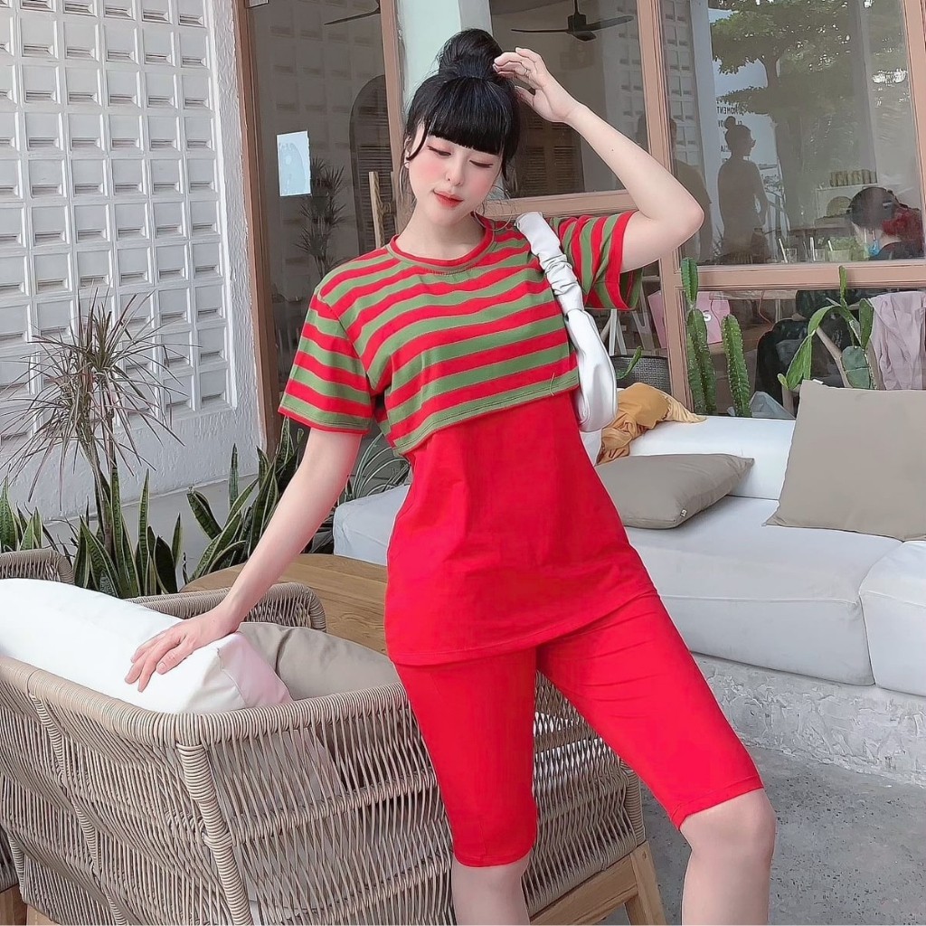 Đồ Bộ Nữ TS03331 Đồ Bộ Mặc Nhà Chất Cotton 100% Co Dãn Đanh Mịn Quần Ngố Lửng Phối Áo Croptop Sọc Ngang Size 40KG - 80KG | BigBuy360 - bigbuy360.vn