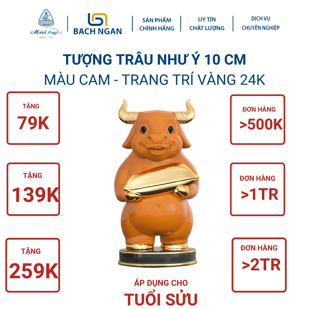 Tượng Trâu Sứ Minh Long Như Ý 10cm nhiều màu,trang trí vàng,  may mắn, tài lộc đẹp cao cấp dùng tặng quà