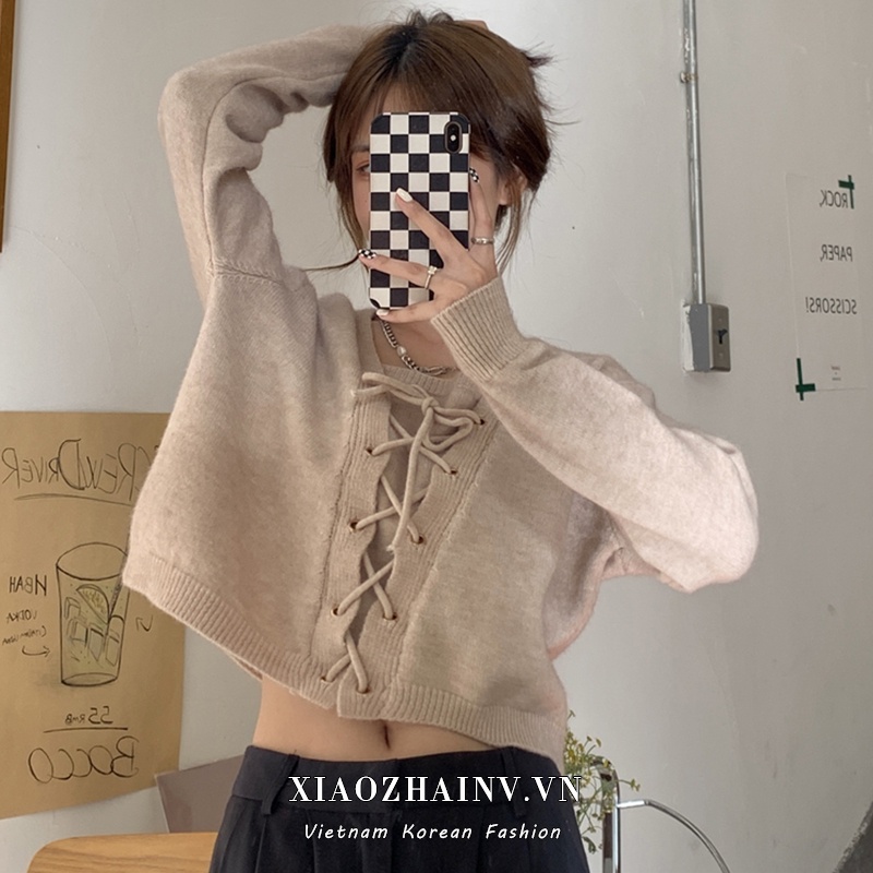Áo croptop Xiaozhainv dệt kim tay dài cổ chữ V phong cách Hàn Quốc thanh lịch cho nữ