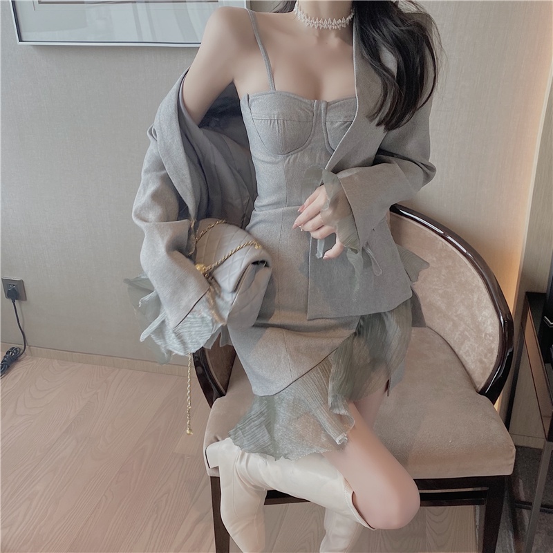 Set Áo Khoác + Đầm Hai Dây Phối Lưới Phong Cách Retro Thời Trang Dành Cho Nữ