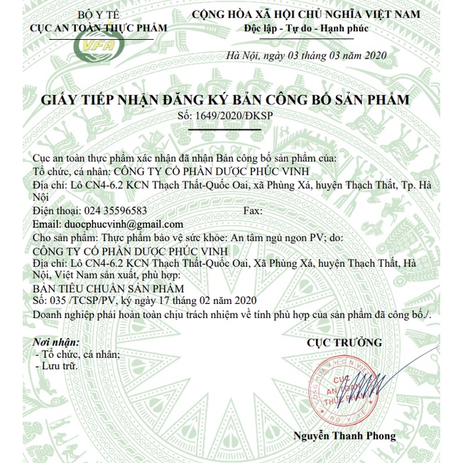 An Tâm Ngủ Ngon PV, hỗ trợ giảm căng thẳng, suy nhược thần kinh
