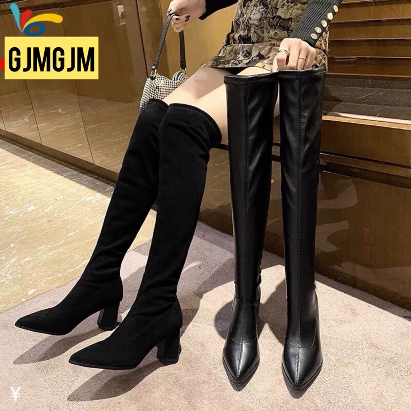 Boots đùi nữ da lộn mũi nhọn gót vuông cao 7cm không khoá
