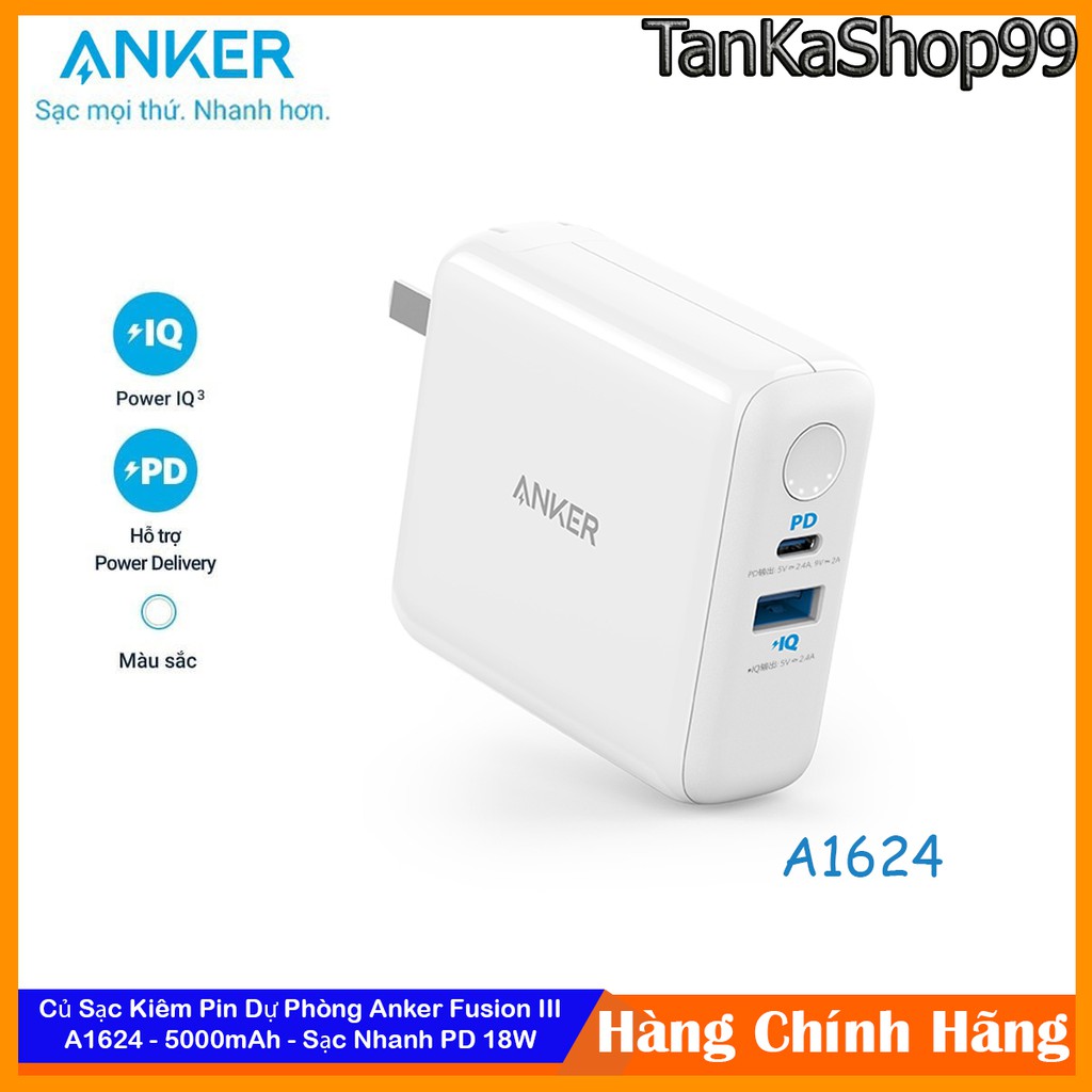 Củ Sạc Kiêm Pin Dự Phòng Anker Fusion III A1624 - 5000mAh - Sạc Nhanh PD 18W - Usb 12W