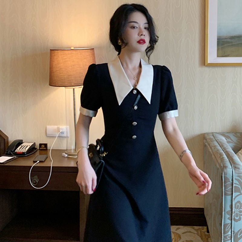 Đầm Dáng Dài Ôm Eo Cao Cổ Peter Pan Màu Sắc Retro Kiểu Pháp Thời Trang Mùa Hè Cho Nữ