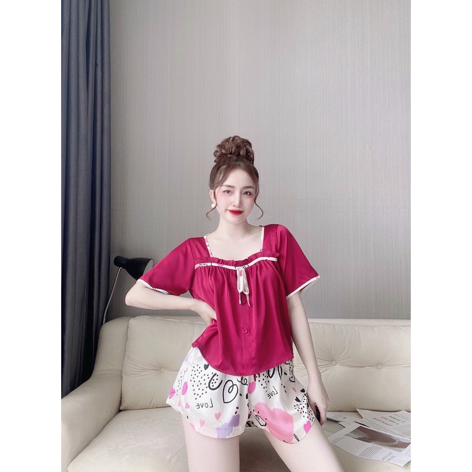 🎀 Vải xịn 🎀  Đồ bộ Đồ mặc nhà Đồ ngủ sleepwear hai dây đùi phối cột nơ dễ thương