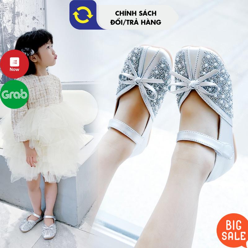 Giày Búp Bê Bé Gái Đính Vòng Hạt Và Đá Cho Bé 2-12 tuổi mẫu mới 2022 size 26-30 màu Bạc