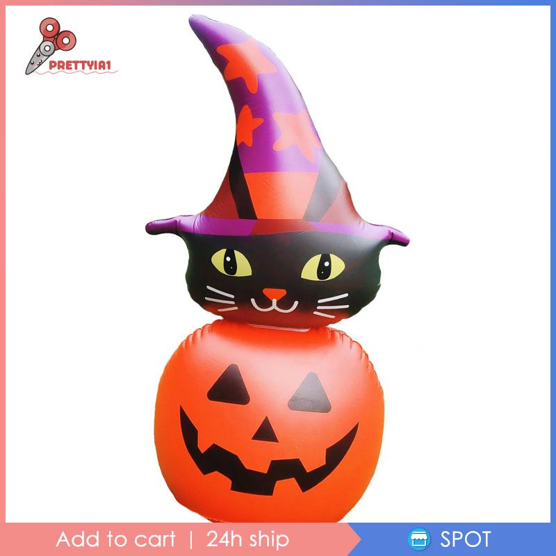 [Prettyia1] Bong Bóng Bơm Hơi Có Đèn Nhấp Nháy Hình Bí Ngô Mèo Trang Trí Halloween Cho Cỏ