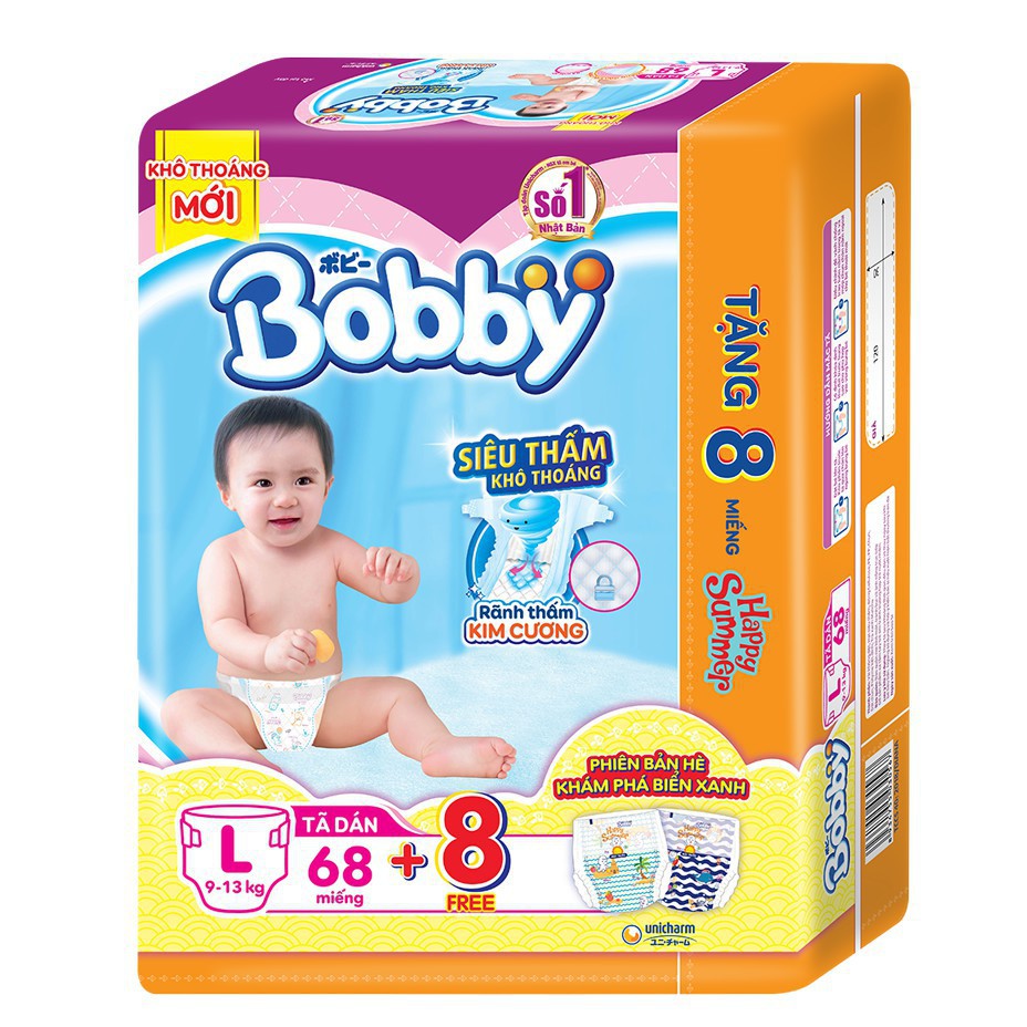 ( Cộng 8 miếng ) Bỉm Bobby dán size M76,L68,Xl62, Xxl56 mới nhất.