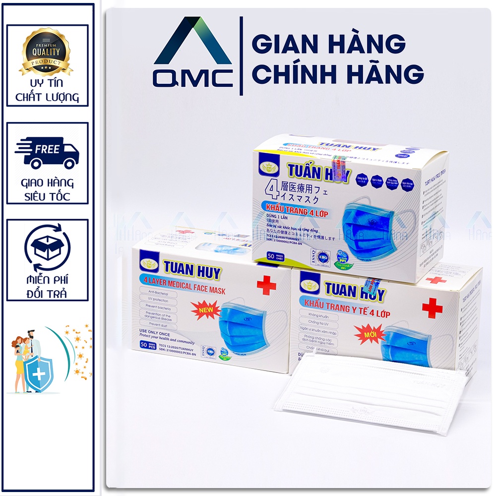 Khẩu trang y tế, Khẩu trang TUẤN HUY 4 lớp màu trắng, hộp 50c, hàng chính hãng #qmc