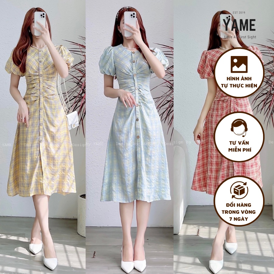 Váy kẻ caro nữ ngắn tay dáng dài cổ tròn chiết eo thanh lịch chất đũi Hàn cao cấp YAME