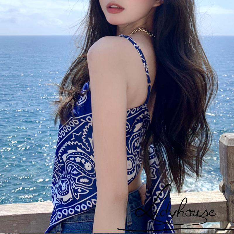 Áo Tank Top Hai Dây Hở Lưng In Họa Tiết Thời Trang Mùa Hè Màu Đen / Xanh Dương Cho Nữ