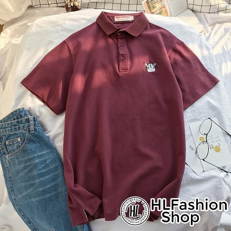 Áo polo thun cổ trụ thêu mèo đáng yêu, áo thun size có cổ HLFashion