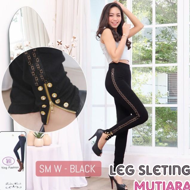 Quần Legging Nữ Có Dây Kéo Đính Ngọc Trai Nhập Khẩu W - Đen / Zip