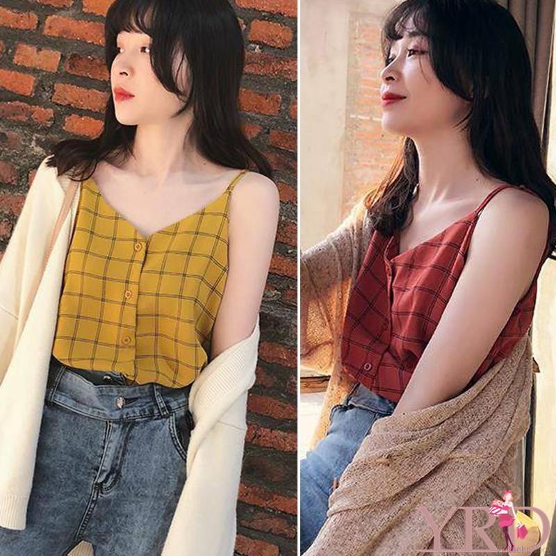 Áo chiffon nữ không tay cổ chữ V họa tiết caro thời trang Hàn Quốc | BigBuy360 - bigbuy360.vn