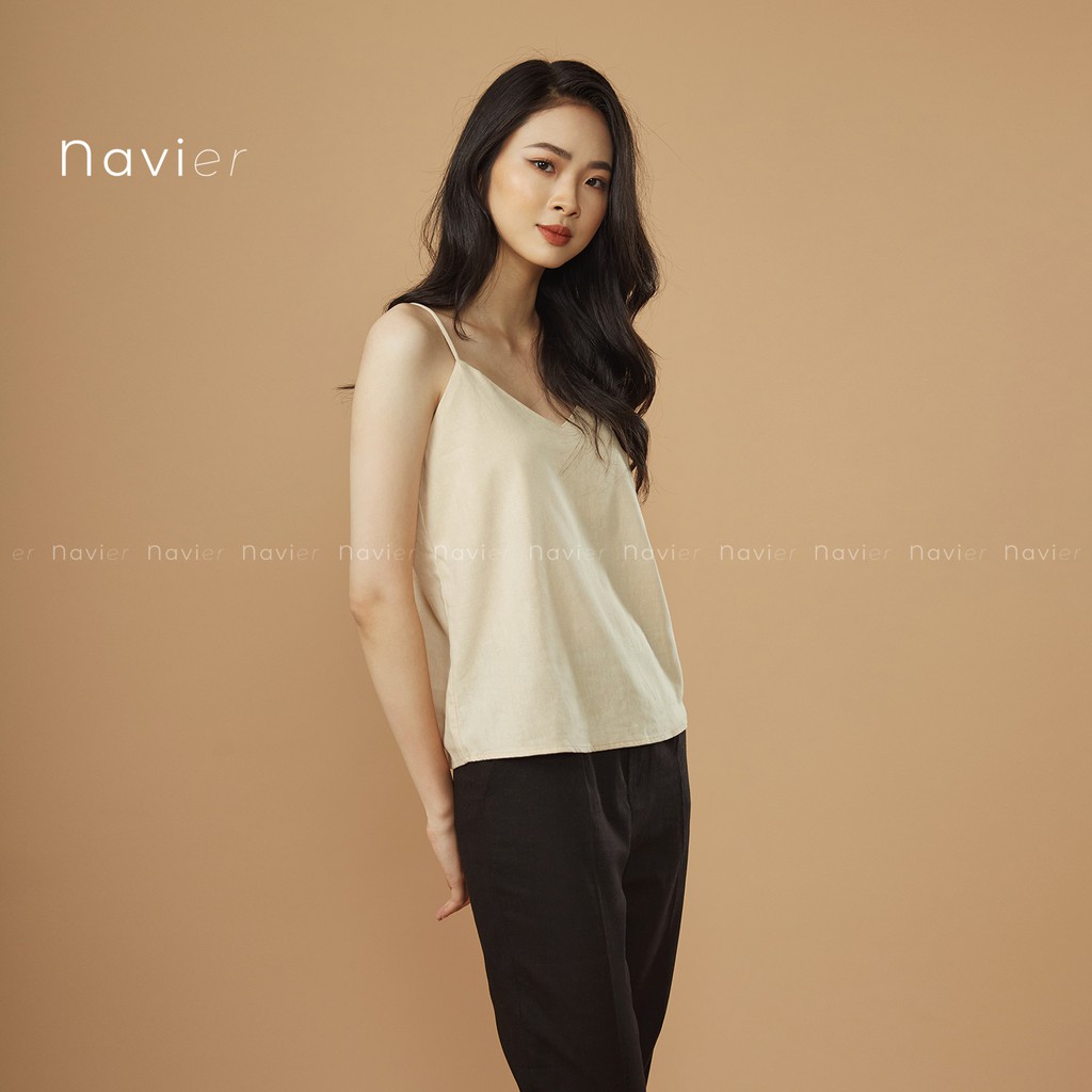 ÁO HAI DÂY NỮ CAMISOLE TOP RÚT HAI BÊN DÁNG RỘNG CỔ TIM MẶC VEST VẢI ĐŨI - LINEN A02 NAVIER | BigBuy360 - bigbuy360.vn