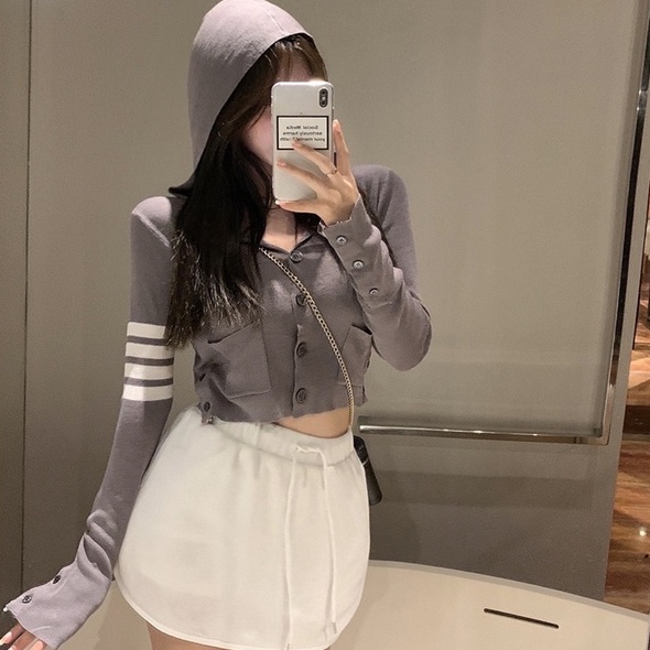 【HangFei】Áo Khoác Dệt Kim Tay Dài Dáng Ôm Hoạ Tiết Kẻ Sọc Thiết Kế Quyến Rũ