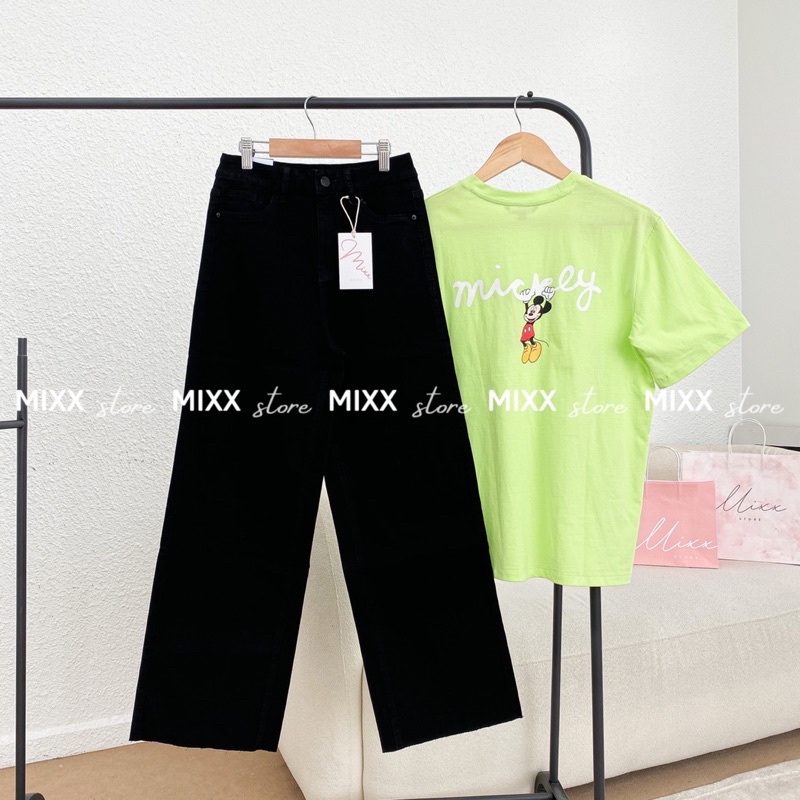 Quần Jean Nữ Ống Suông Đen lưng cao lai cắt chất co giãn thoải mái phom tôn dáng