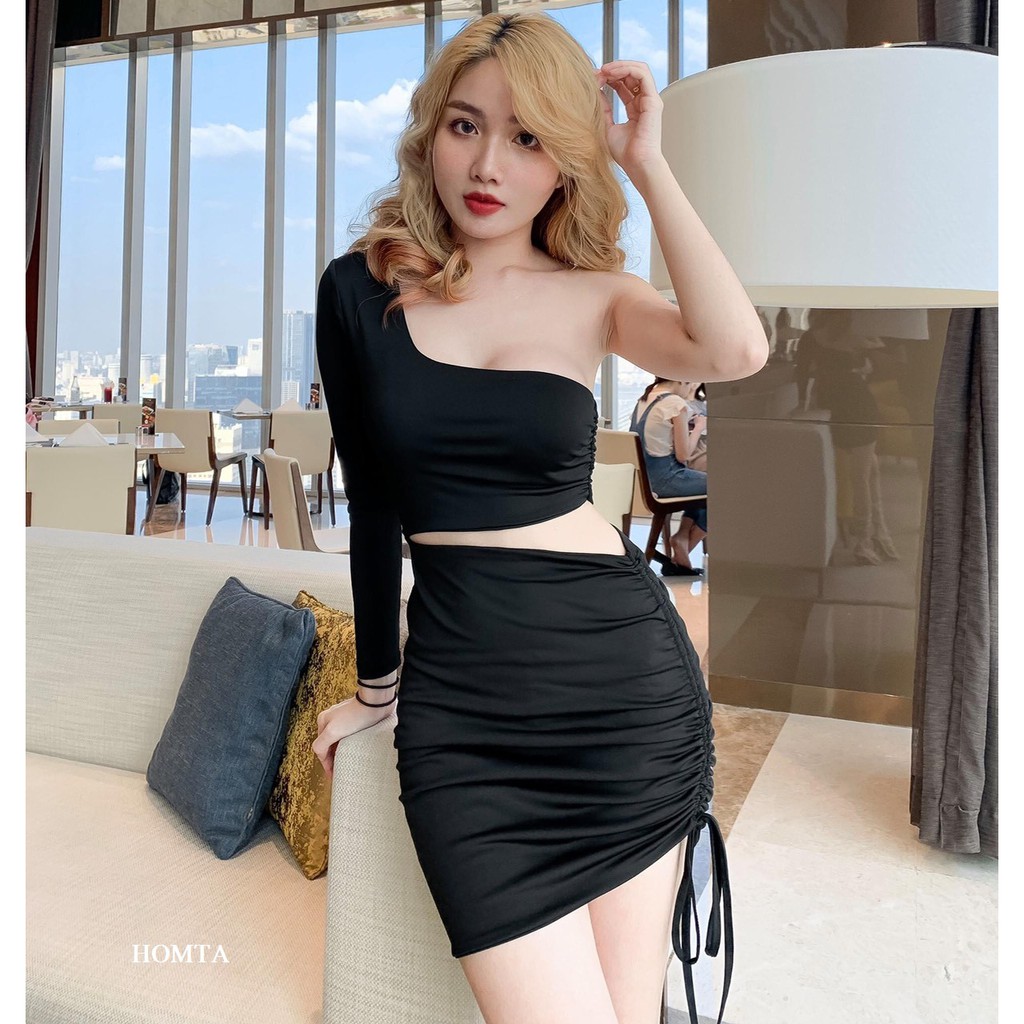 Đầm Body Lệch Vai Rút Hông (Đầm Rút Một Tay)