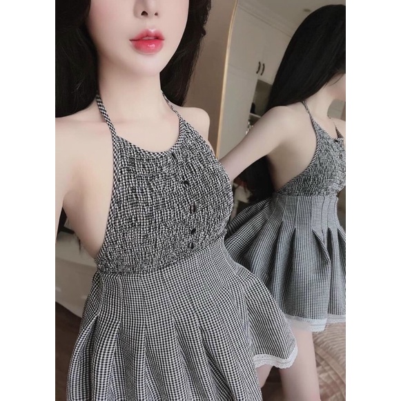 Set áo yếm nút caro phối ren kèm quần - Bộ áo yếm sọc caro xinh xắn alohashop91