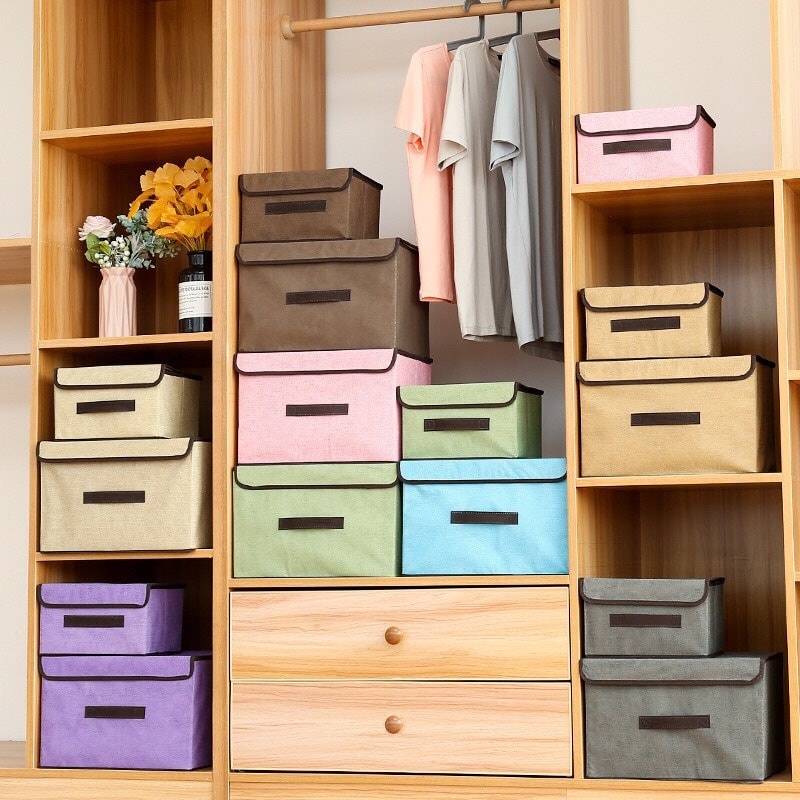 Combo 2 hộp vải đựng quần áo, đồ lót - Hộp túi vải gấp gọn đựng đồ đa năng có nắp decor nhà cửa -0020