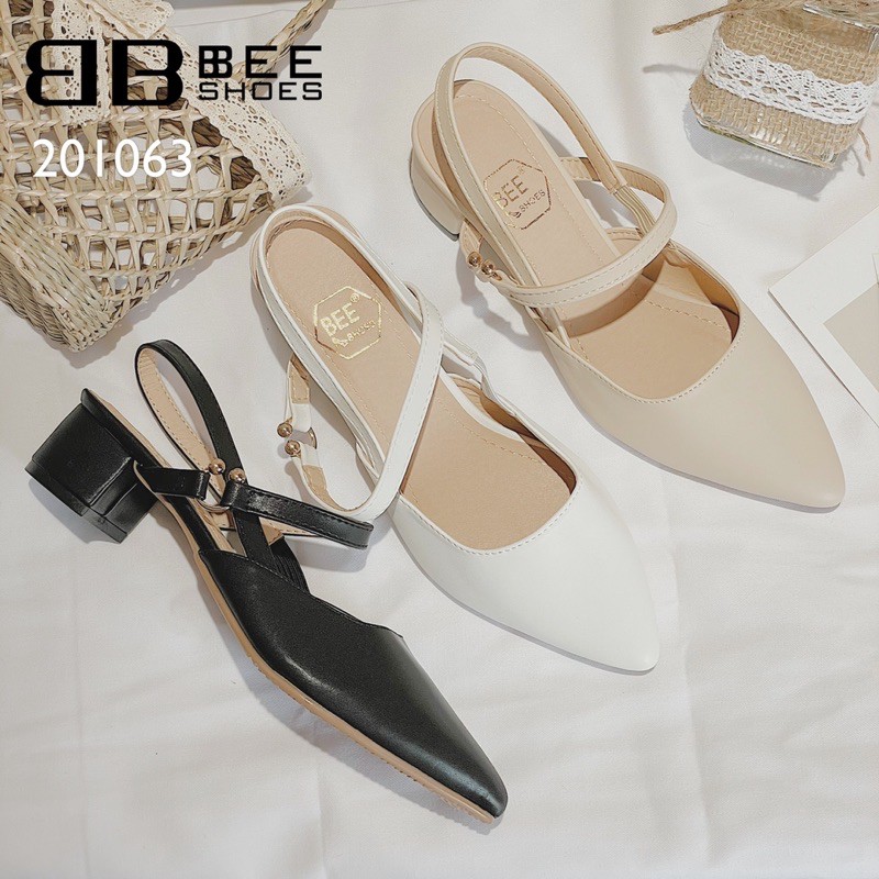 BEESHOES - GIÀY BÚP BÊ NỮ QUAI HẬU TRƠN CHẤT DA MỀM - BÚP BÊ MŨI NHỌN DẾ VUÔNG CAO 3 PHÂN SẴN MÀU ĐEN-TRẮNG-ĐEN 201063