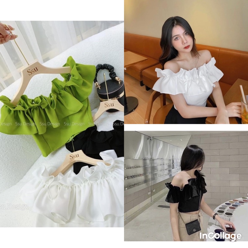 Áo croptop hở vai bèo nữ mặc đi du lịch sang chảnh. Áo rớt vai đi biển