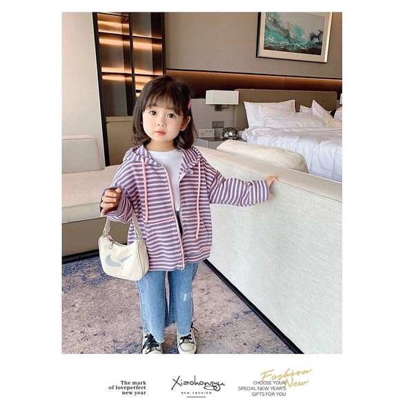 Áo khoác cardigan có mũ trùm đầu họa tiết sọc thời trang xuân thu cho bé gái