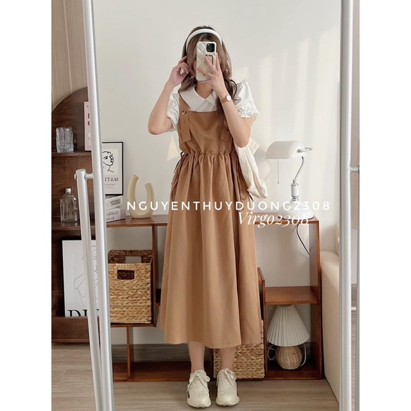 [HÀNG SẴN]SET VÁY YẾM KAKI CHUN EO MIX ÁO SƠMI CỔ SEN 3 MÀU 1191 style Ulzzang