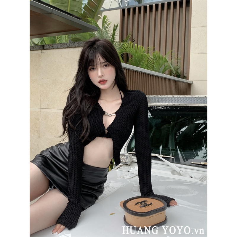 HUANG YOYO Set Áo Thun Dài Tay Cổ Chữ V + Chân Váy Da Thời Trang Hàn Cho Nữ