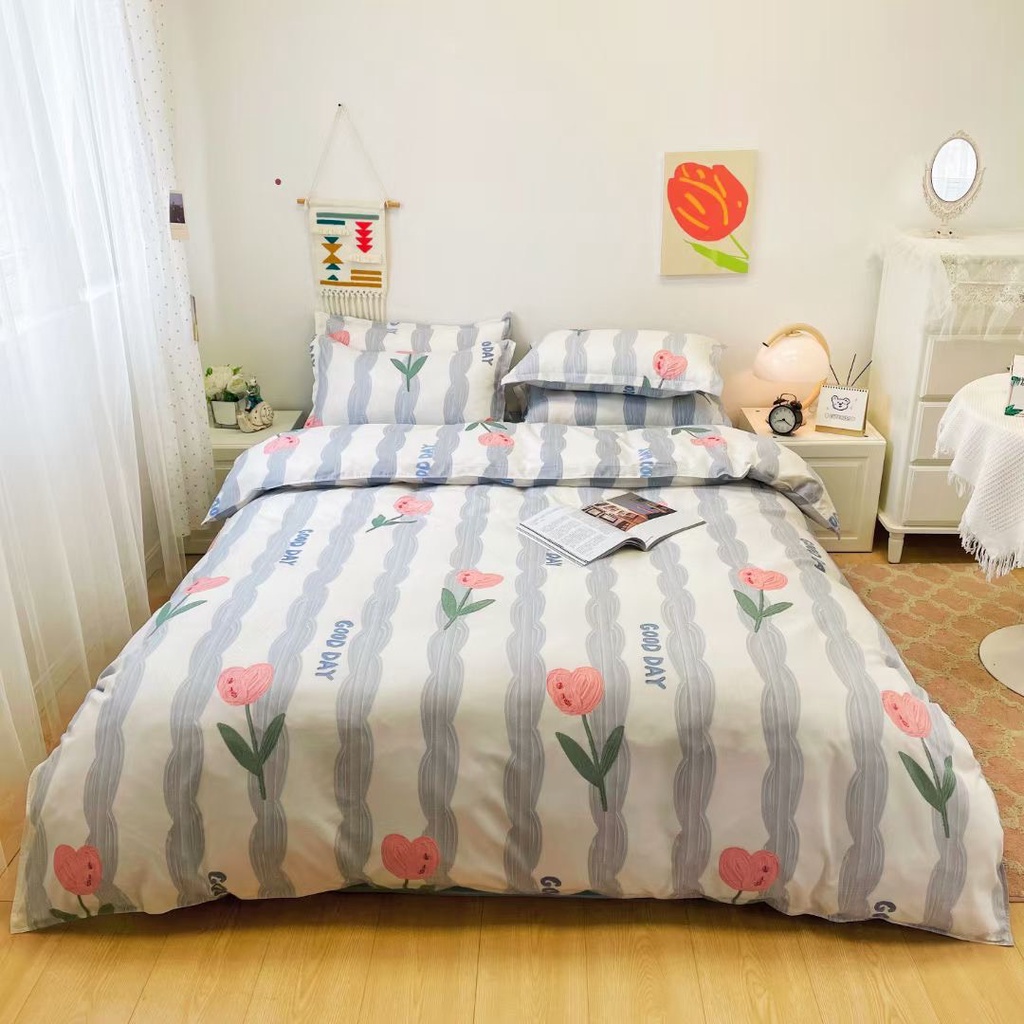 Bộ chăn ga gối Cotton poly M2T bedding gồm vỏ chăn mền, drap ga giường và 2 vỏ gối nằm - Pl Hoa Tuy Lip Hồng