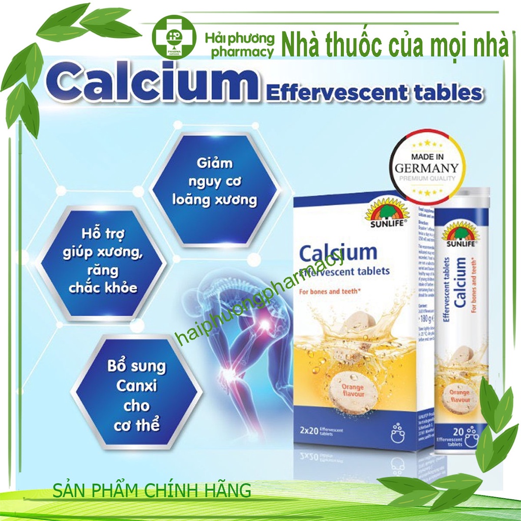 Viên sủi bổ sung canxi sunlife calcium effervescent - Bổ sung canxi cho cơ thể Giúp xương và răng chắc khoẻ (lọ 20 viên)