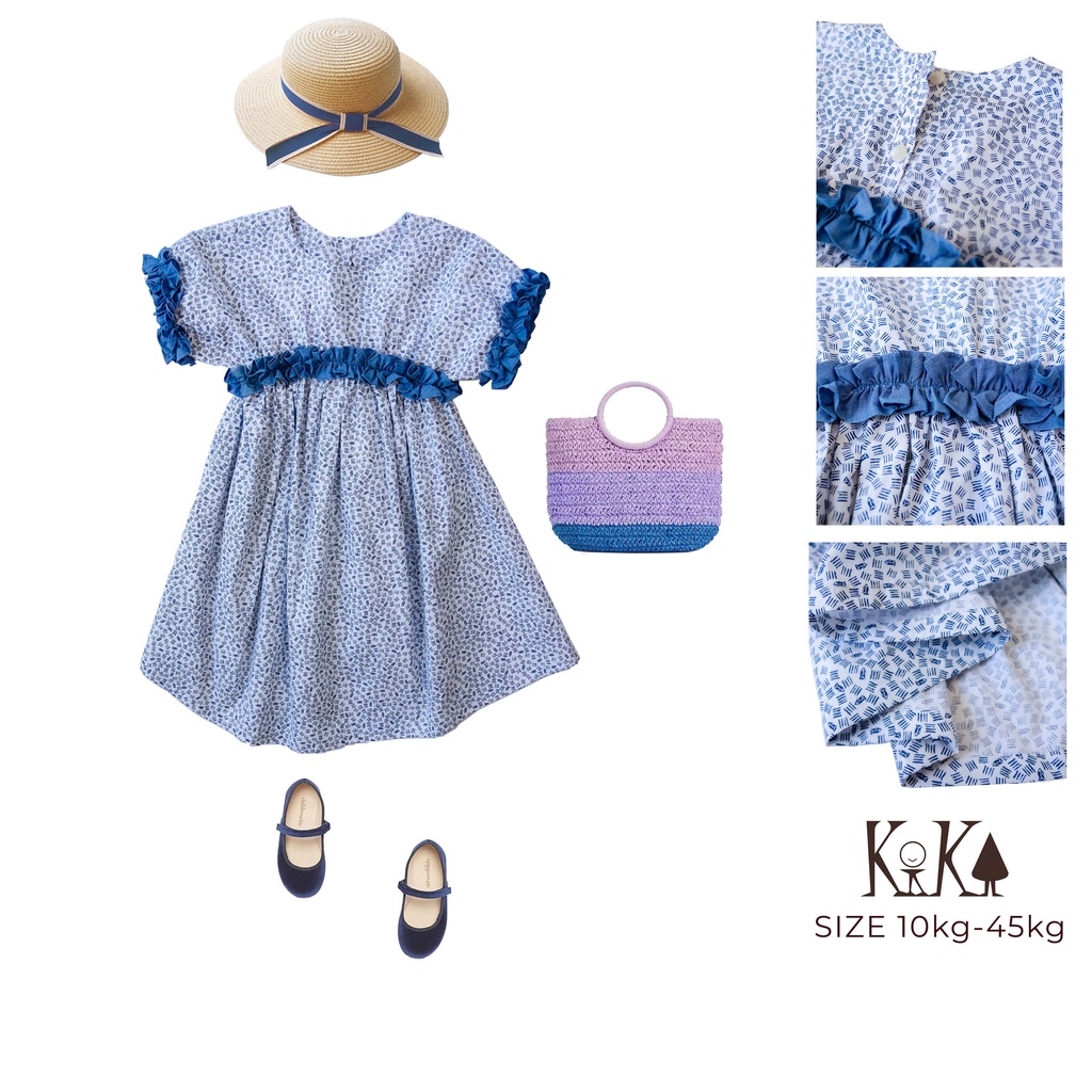 [KIKA] Váy đầm bé gái xanh nhí nhún viền tay - Từ 11kg-45kg - K141