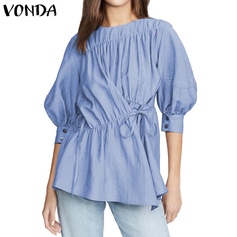 Áo Kiểu VONDA Xếp Ly Tay Lửng Cột Dây Lai Áo Không Đối Xứng Dáng Rộng Đơn Giản Dành Cho Nữ