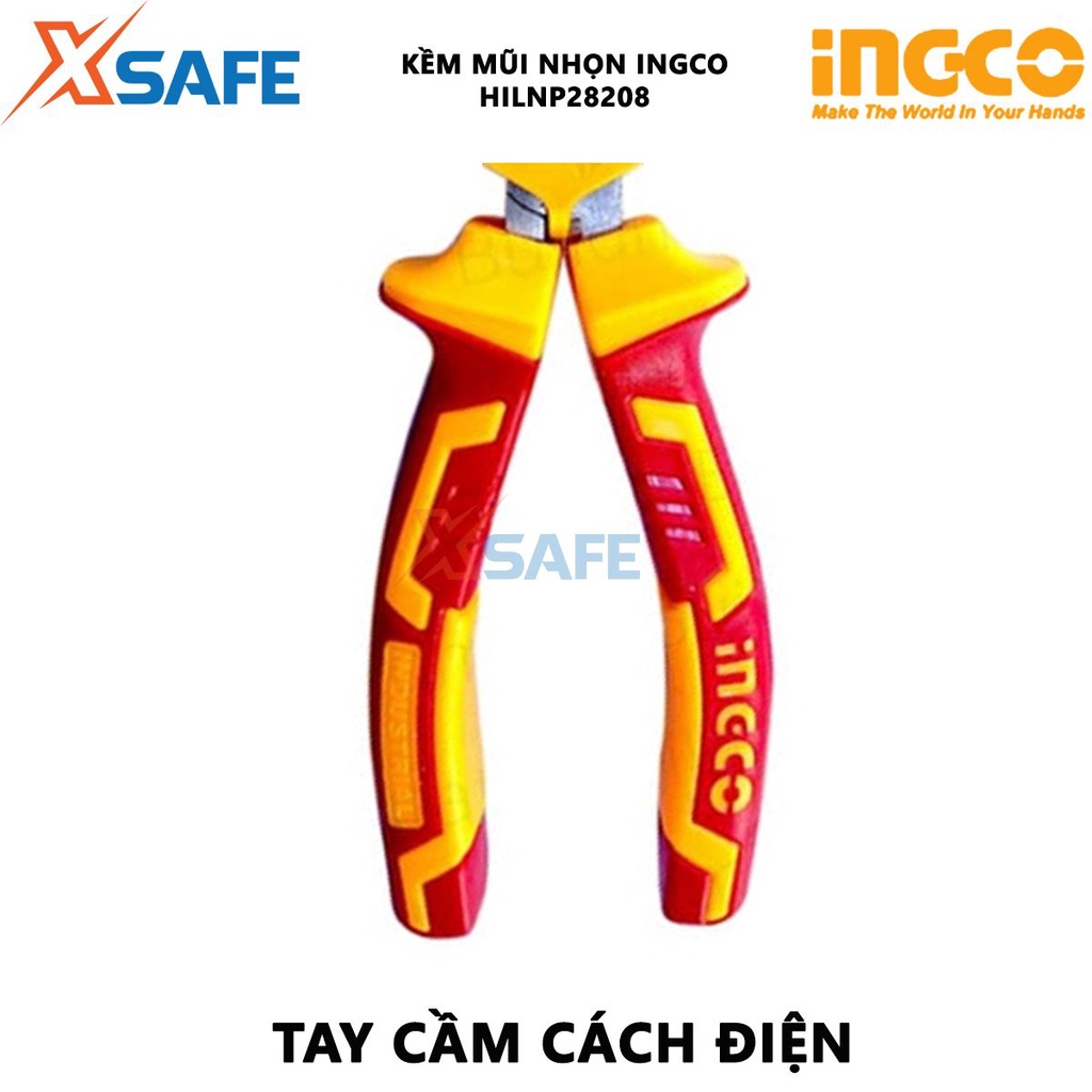 Kềm mũi cong cách điện INGCO HIBNP28208 đầu kềm mạ đen, đánh bóng - chính hãng