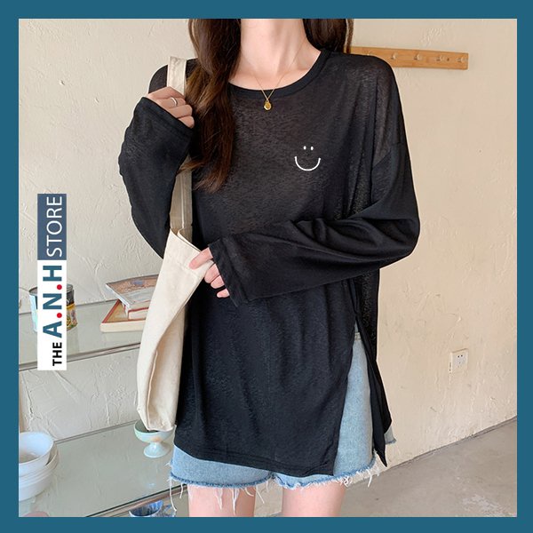 Áo thun xược tay dài xẻ tà cổ tròn nữ in hình phom rộng ANHSTORE , phom rộng phong cách Hàn Quốc