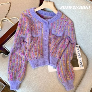 Áo khoác lông thú màu tím Nữ Thu Đông Phù Hợp Với Ngắn Chồn Nhỏ Lông Tơ Lông Tơ Dệt Kim Cardigan isUk