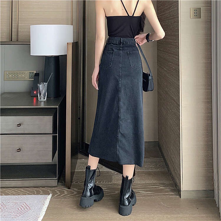 (SẴN XANH S, ĐEN S,M,L) Chân váy Jean cạp cao xẻ tà 2021 | BigBuy360 - bigbuy360.vn