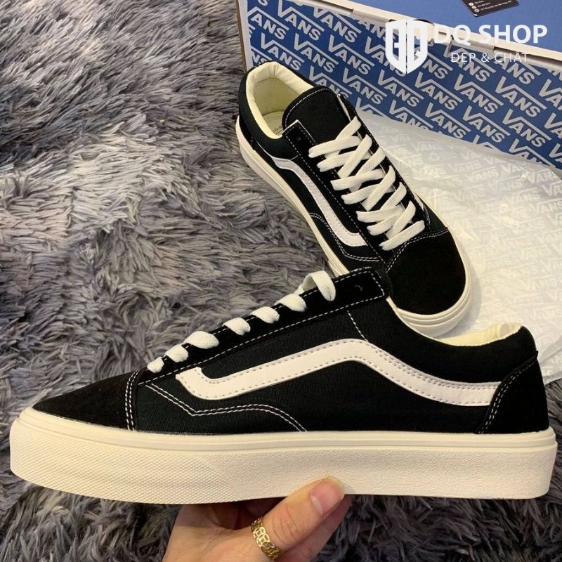 Giày Vans Nam Nữ, Vans Vault Old Skool Đen Kẻ Trắng Mũi Nỉ