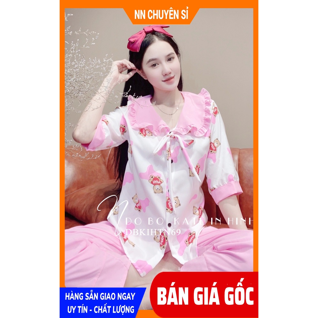 Đồ bộ nữ mặc nhà cổ tiểu thư in hình bò sữa in gấu Hapy hoạt hình dễ thương DBKIHTN69