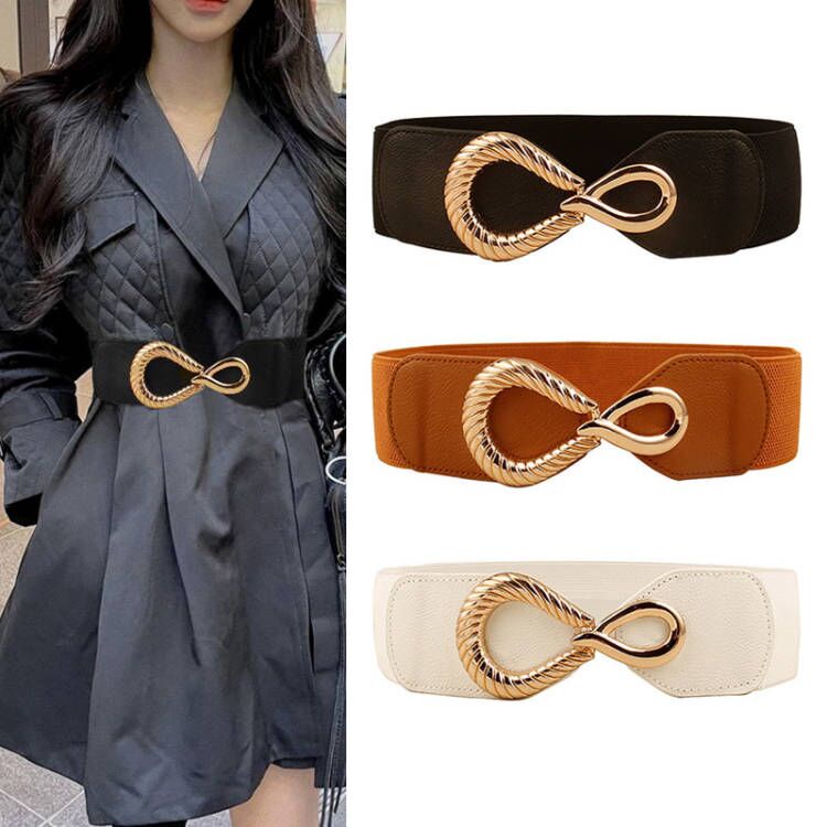 Thắt Lưng Nữ Da PU Bản Rộng Phối Khóa Kim Loại Vàng Đồng