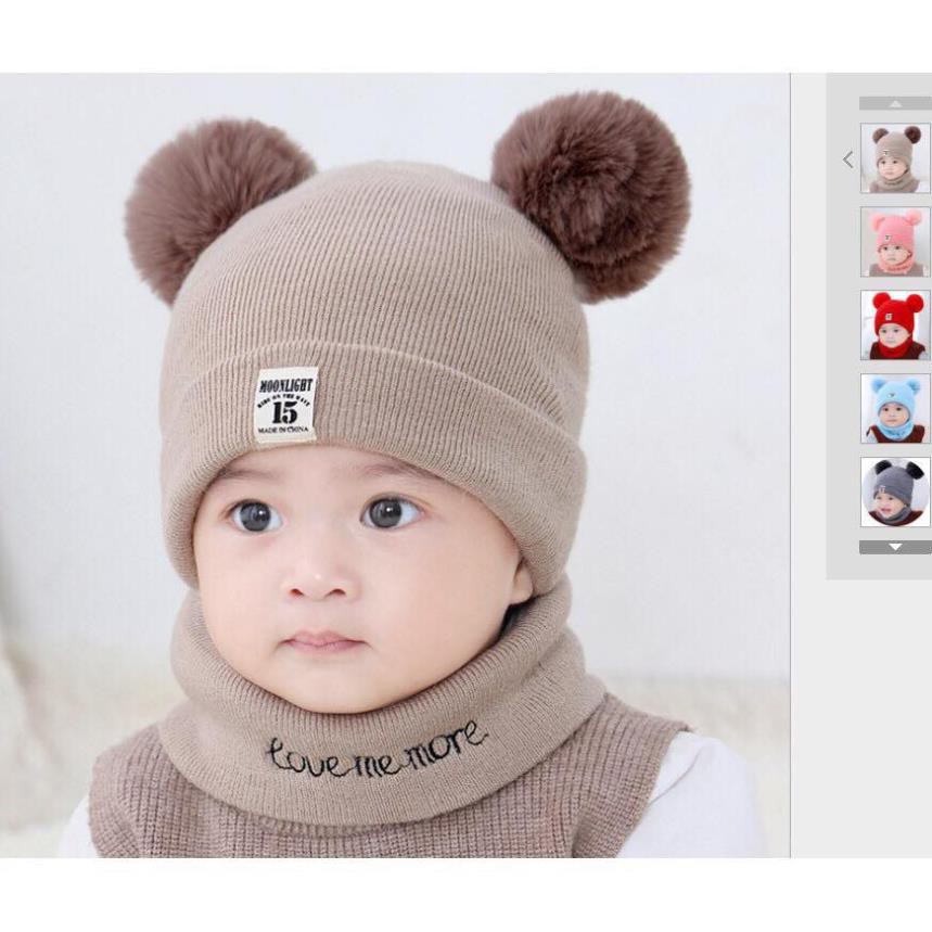 Set Mũ Len Kèm Khăn Quả Bông Xuất Hàn Cho Bé