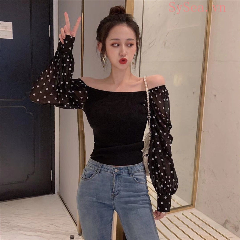 Áo kiểu tay dài họa tiết chấm bi thời trang phong cách cho nữ