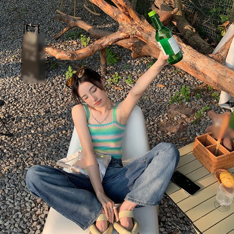 Áo Croptop Dệt Kim Không Tay Dáng Ôm Họa Tiết Kẻ Sọc Nhiều Màu Sắc Thời Trang Mùa Hè Cho Nữ