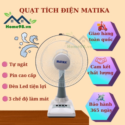 Quạt tích điện MATIKA - Quạt điện có chế độ đèn led sử dụng pin sạc - Diện tích làm mát rộng - BH 24 tháng