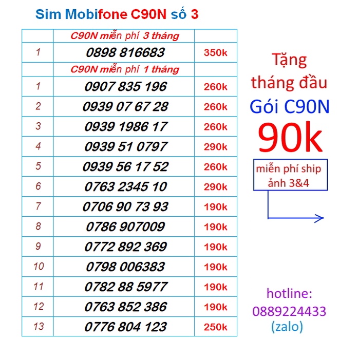 [TẶNG THÁNG ĐẦU = 90k] Sim Mobifone C90N 120GB số đẹp 3.