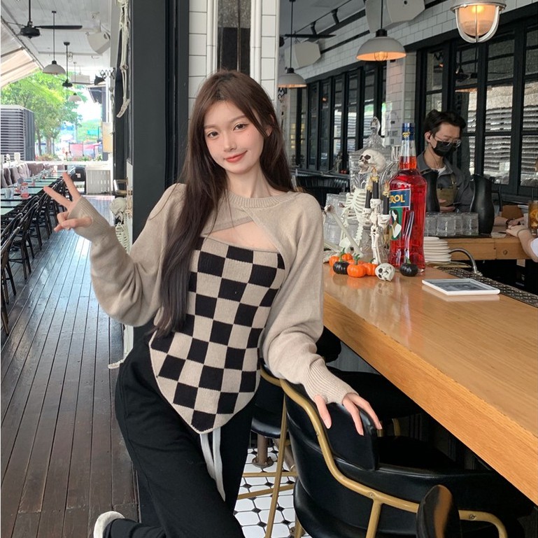 Set áo khoác và áo khoác tay dài họa tiết ca rô nhiều màu sắc thời trang dành cho nữ